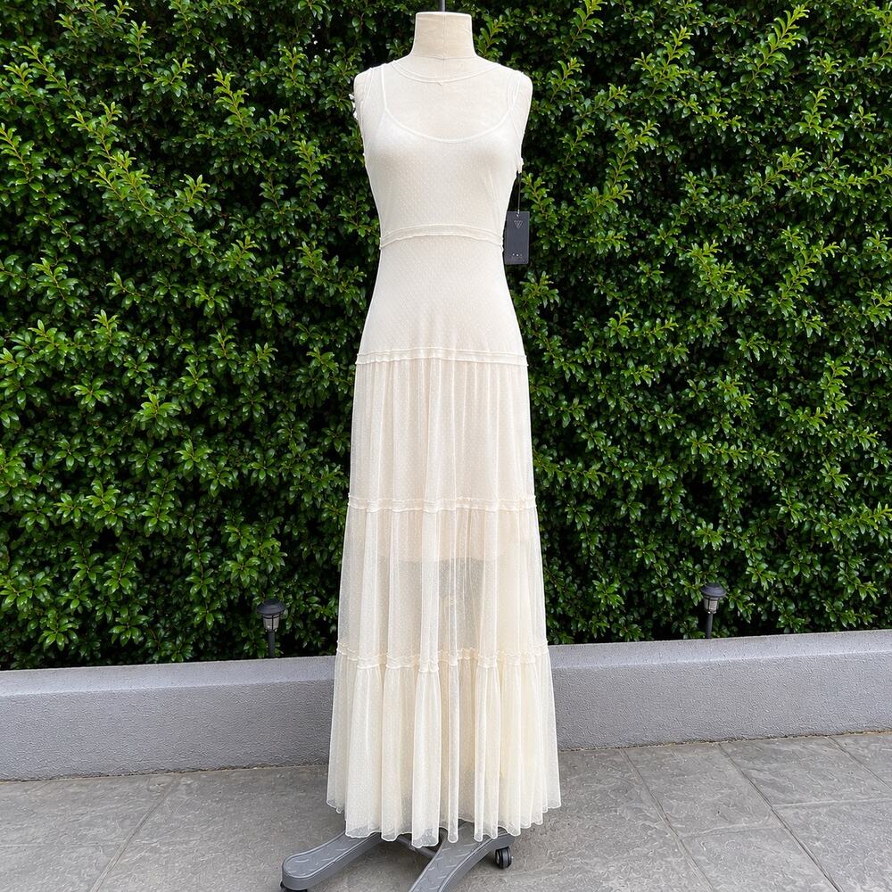 GUESS NWT $118 Ivory Sheer Mesh Tiered Maxi Dress Sleeveless Size XS